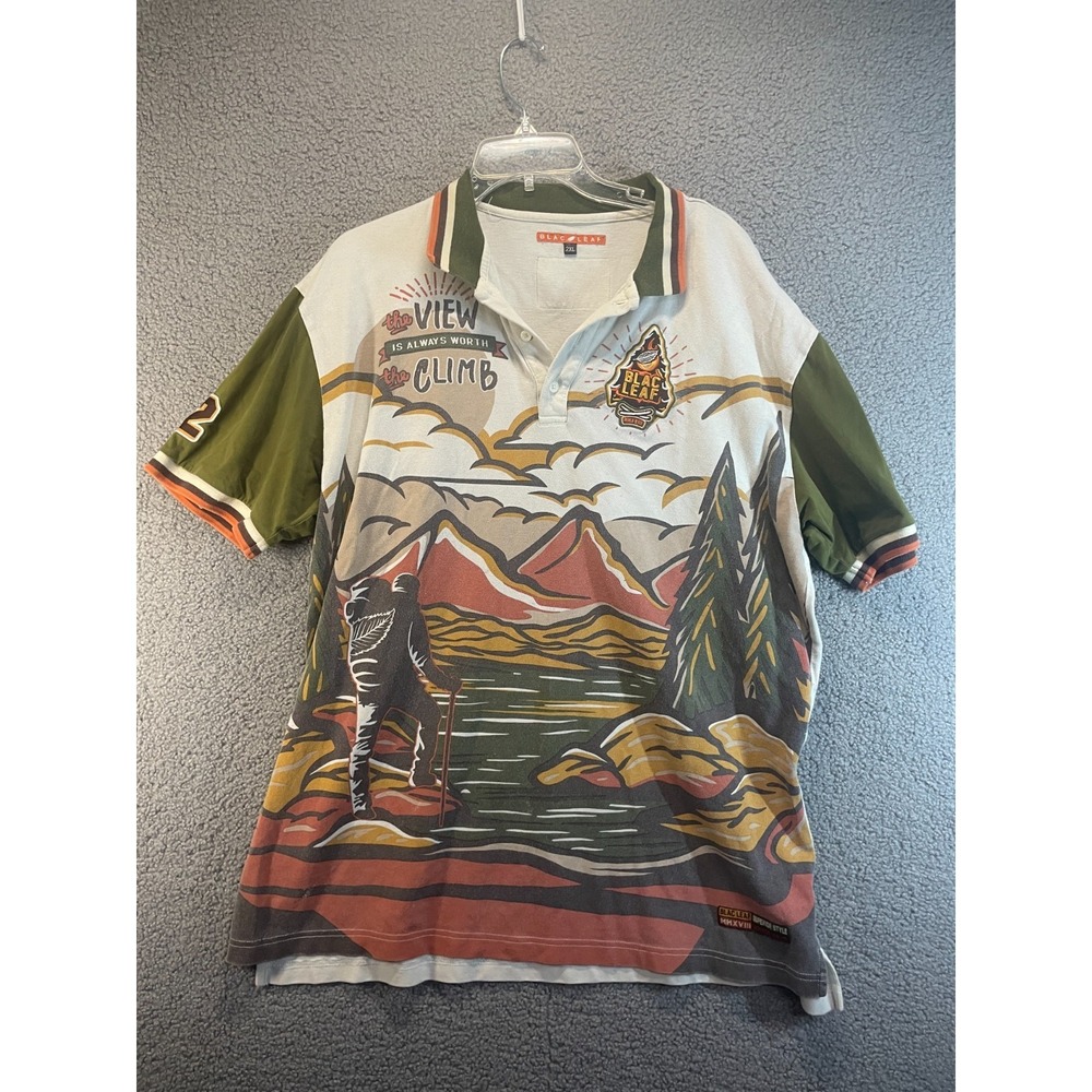 Black Leaf Graphic Print Polo w/Black Leaf Patch, Men Size 2XL